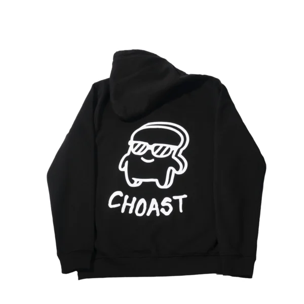 Showcasing the Big design graphic of our choast logo on the back with the text "Choast", covering most of the back. The color variation of this is black