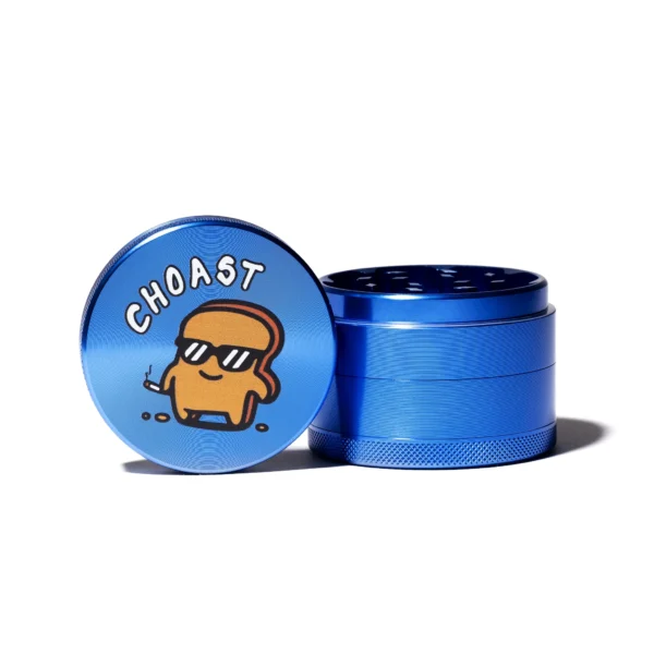 Our Blue 4 piece grinder. Showcasing the top part of the grinder by itself with the choast logo on it. Beside the top part of the grinder is the rest of the body put together