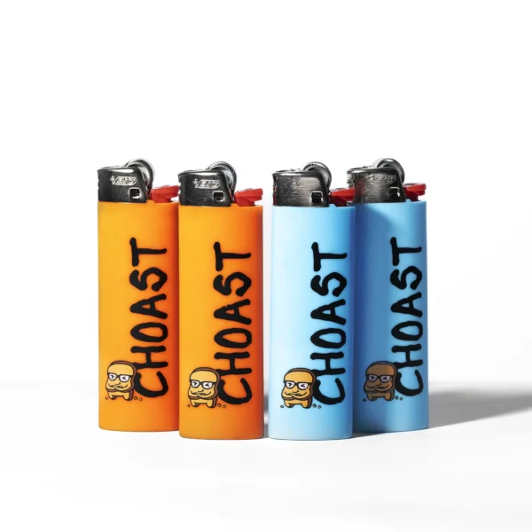 Both orange and blue lighters standing up together.