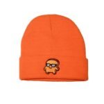 Front profile of our orange choast toque. Keeping stylish and warm with this color.