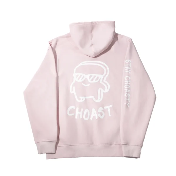 Showcasing the Pink Choast sweater. The back of the sweater is a big choast logo, and is available for purchase on this page.