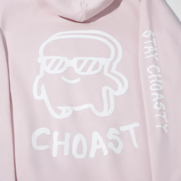 Closeup shot of the back of our choast sweater in the light pink color. Showing the large choast graphic up close.