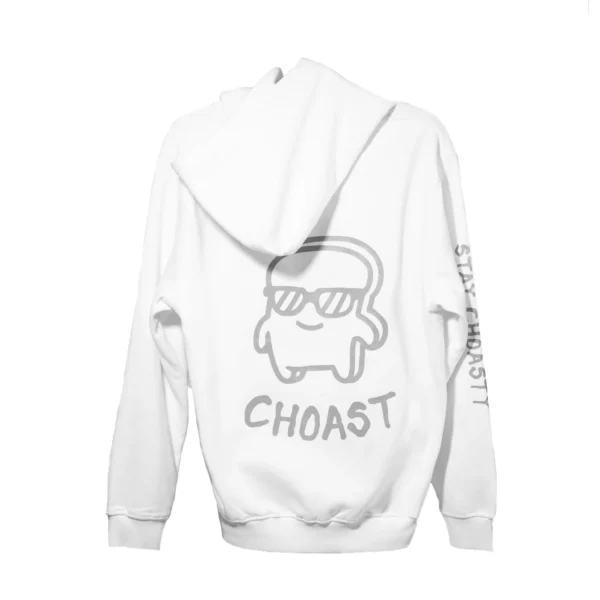 Showing the back of our white sweater. Showing the big graphic of the Choast guy with the text "Choast".