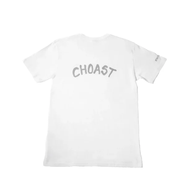 Back profile of our choast t shirt in the white variation. Made with 70% cotton and 30% polyester. Stay comfy and stylish, available for purchase on this page.