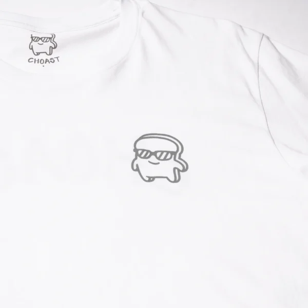 Closeup of our white tee showing the choast logo