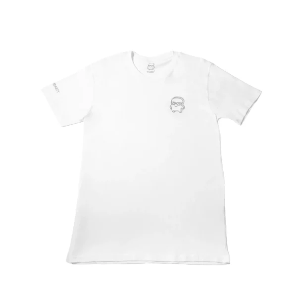 Front of our white choast t shirt. The choast logo in a simple and clean design, at the top left of the shirt.