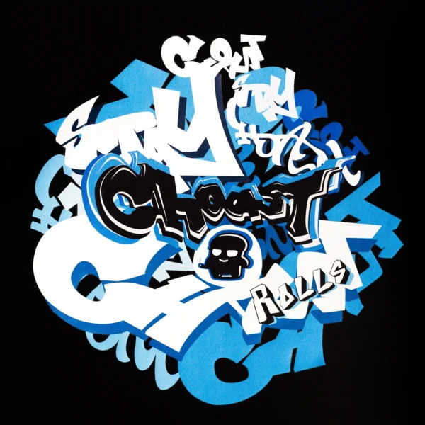 A closeup of the design on our GraffTee. It shows our graffiti design on the back of the shirt.