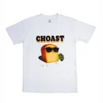 Full front image of our Choast N Brocc Choast T Shirt. Showing the full design of our toast wearing glasses and a piece of brocolli beside.