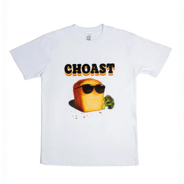 Full front image of our Choast N Brocc Choast T Shirt. Showing the full design of our toast wearing glasses and a piece of brocolli beside.