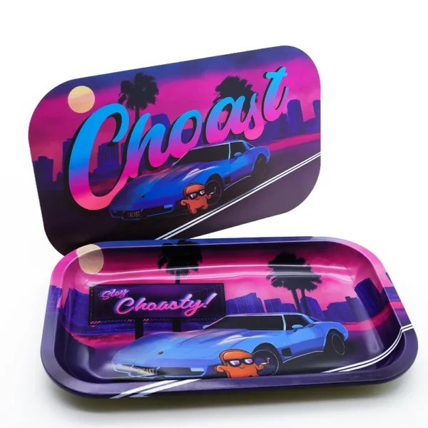 The Miami Vice Rolling tray with magnetic lid, showcasing our retro "miami" themed rolling tray