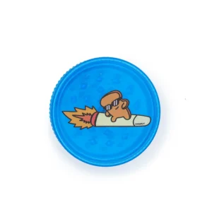 Our blue 3 piece acrylic grinder with mr choasty on a rocket