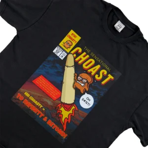 Angled shot of our oversized, heavyweight comic book shirt.